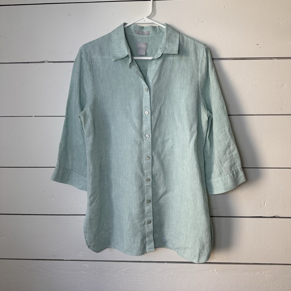 Chicos No Iron Fresh Chic Top 0 Linen Button Down Shirt Teal Green 4/6 Resort
